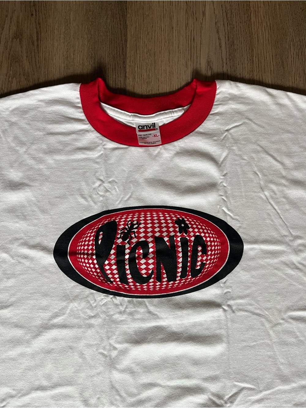 vintage Anvil White Tee with Red Collar and Black & Red Picnic Graphic
